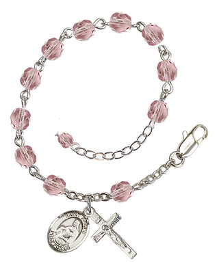 Silver-Plated 6mm Fire-Polished Saint Agnes of Rome Rosary Bracelet in Light Amethyst Engraved Catholic Saint Jewelry