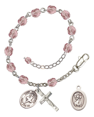 Silver-Plated 6mm Fire-Polished Saint Christopher/Dance Rosary Bracelet in Light Amethyst Engraved Catholic Saint Jewelry