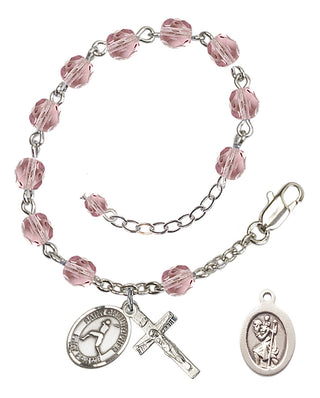 Adjustable Silver Plated 6mm Fire Polished Saint Christopher/Baseball Rosary Bracelet in Light Amethyst
