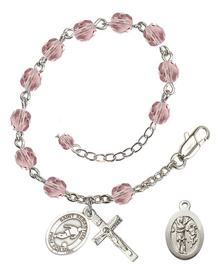 Adjustable Silver Plated 6mm Fire Polished Saint Sebastian/Soccer Rosary Bracelet in Light Amethyst