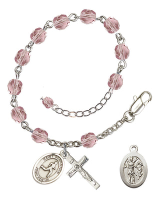 Adjustable Silver Plated 6mm Fire Polished Saint Sebastian/Track & Field Rosary Bracelet in Light Amethyst