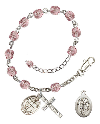 Adjustable Silver Plated 6mm Fire Polished Saint Sebastian / Volleyball Rosary Bracelet in Light Amethyst