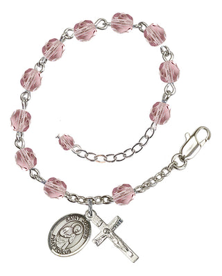 Silver-Plated 6mm Fire-Polished Saint Isaac Jogues Rosary Bracelet in Light Amethyst Engraved Catholic Saint Jewelry