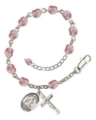 Silver-Plated 6mm Fire-Polished Saint Rachel Rosary Bracelet in Light Amethyst Engraved Catholic Saint Jewelry