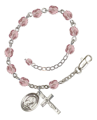 Silver-Plated 6mm Fire-Polished Saint Victoria Rosary Bracelet in Light Amethyst Engraved Catholic Saint Jewelry