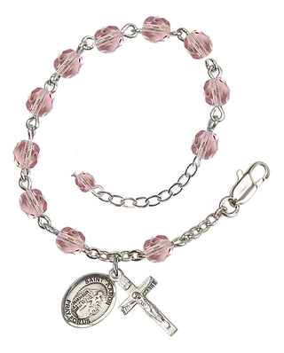 Silver-Plated 6mm Fire-Polished Saint Aaron Rosary Bracelet in Light Amethyst Engraved Catholic Saint Jewelry