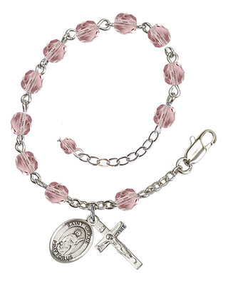 Silver-Plated 6mm Fire-Polished Saint Grace Rosary Bracelet in Light Amethyst Engraved Catholic Saint Jewelry