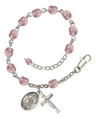 Silver-Plated 6mm Fire-Polished Saint Christian Demosthenes Rosary Bracelet in Light Amethyst Engraved Catholic Saint Jewelry
