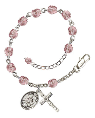 Silver-Plated 6mm Fire-Polished Saint Angela Merici Rosary Bracelet in Light Amethyst Engraved Catholic Saint Jewelry