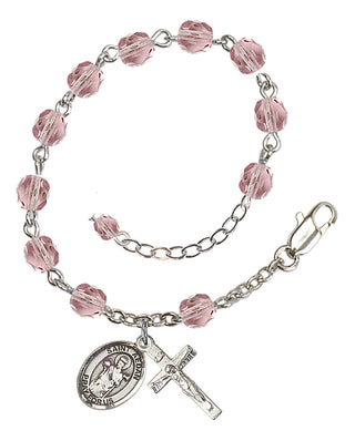 Silver-Plated 6mm Fire-Polished Saint Aedan of Ferns Rosary Bracelet in Light Amethyst Engraved Catholic Saint Jewelry