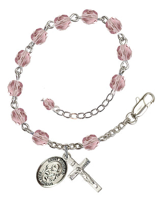 Silver-Plated 6mm Fire-Polished Saint Meinrad of Einsiedeln Rosary Bracelet in Light Amethyst Engraved Catholic Saint Jewelry