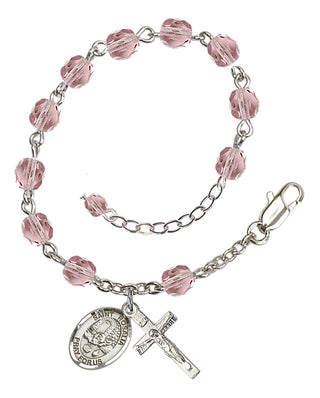 Silver-Plated 6mm Fire-Polished Saint Rosalia Rosary Bracelet in Light Amethyst Engraved Catholic Saint Jewelry