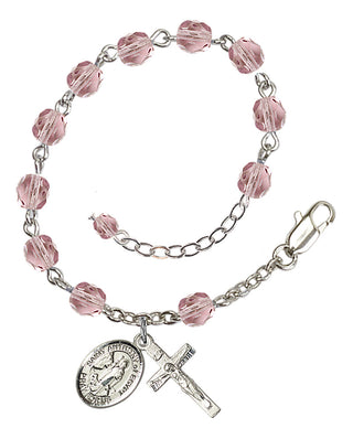 Silver-Plated 6mm Fire-Polished Saint Anthony of Egypt Rosary Bracelet in Light Amethyst Engraved Catholic Saint Jewelry