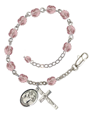 Silver-Plated 6mm Fire-Polished Saint Columbanus Rosary Bracelet in Light Amethyst Engraved Catholic Saint Jewelry