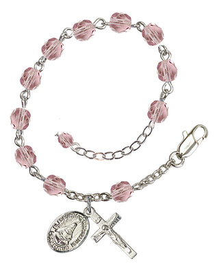 Silver-Plated 6mm Fire-Polished Saint Edburga of Winchester Rosary Bracelet in Light Amethyst Engraved Catholic Saint Jewelry
