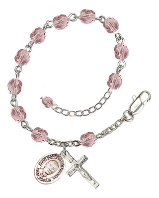 Silver-Plated 6mm Fire-Polished Saint Hannibal Rosary Bracelet in Light Amethyst Engraved Catholic Saint Jewelry