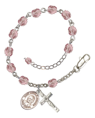 Silver-Plated 6mm Fire-Polished Saint Arnold Janssen Rosary Bracelet in Light Amethyst Engraved Catholic Saint Jewelry