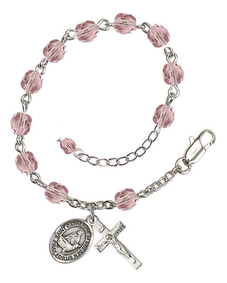 Silver-Plated 6mm Fire-Polished Saint Catherine of Sweden Rosary Bracelet in Light Amethyst Engraved Catholic Saint Jewelry