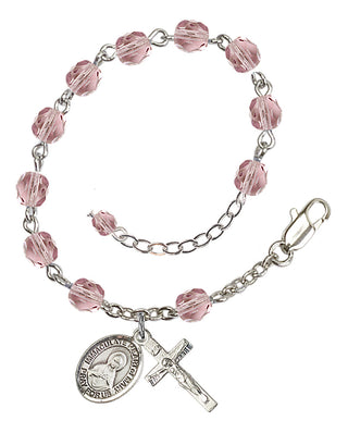 Silver-Plated 6mm Fire-Polished Immaculate Heart of Mary Rosary Bracelet in Light Amethyst Engraved Catholic Saint Jewelry