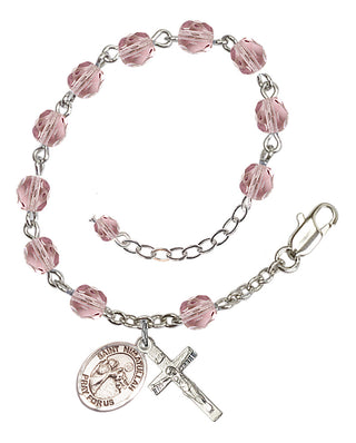 Silver-Plated 6mm Fire-Polished Saint Nimatullah Rosary Bracelet in Light Amethyst Engraved Catholic Saint Jewelry