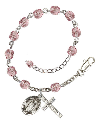 Silver-Plated 6mm Fire-Polished Saint Thomas A Becket Rosary Bracelet in Light Amethyst Engraved Catholic Saint Jewelry