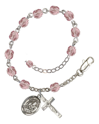 Silver-Plated 6mm Fire-Polished Saint Polycarp of Smyrna Rosary Bracelet in Light Amethyst Engraved Catholic Saint Jewelry