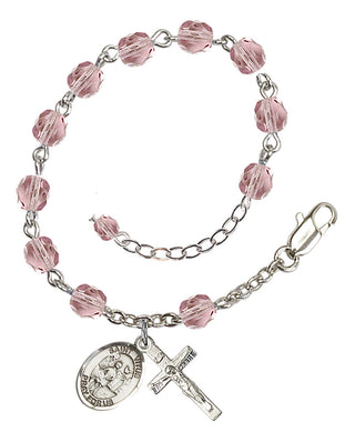 Silver-Plated 6mm Fire-Polished Saint Vitus Rosary Bracelet in Light Amethyst Engraved Catholic Saint Jewelry
