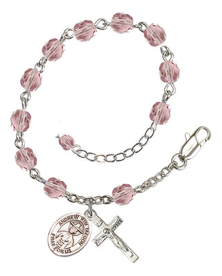 Silver-Plated 6mm Fire-Polished Saint Andrew Kim Taegon Rosary Bracelet in Light Amethyst Engraved Catholic Saint Jewelry
