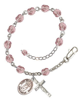 Silver-Plated 6mm Fire-Polished Saint Ivo of Kelmartin Rosary Bracelet in Light Amethyst Engraved Catholic Saint Jewelry