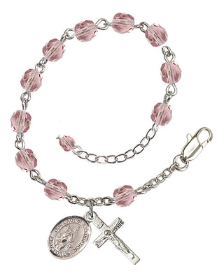 Silver-Plated 6mm Fire-Polished Our Lady of Assumption Rosary Bracelet in Light Amethyst Engraved Catholic Saint Jewelry