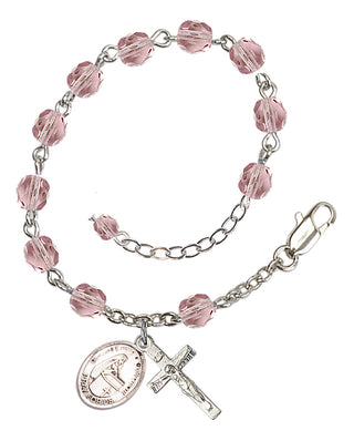 Silver-Plated 6mm Fire-Polished Bl. Emilee Doultremont Rosary Bracelet in Light Amethyst Engraved Catholic Saint Jewelry