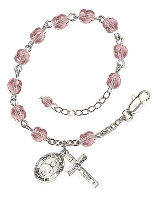 Silver-Plated 6mm Fire-Polished Saint Peter Chanel Rosary Bracelet in Light Amethyst Engraved Catholic Saint Jewelry