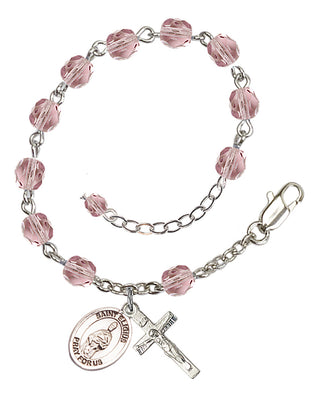 Silver-Plated 6mm Fire-Polished Saint Eligius Rosary Bracelet in Light Amethyst Engraved Catholic Saint Jewelry