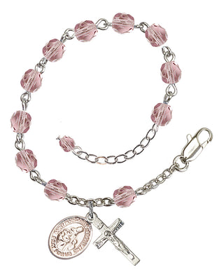 Silver-Plated 6mm Fire-Polished Saint Margaret of Scotland Rosary Bracelet in Light Amethyst Engraved Catholic Saint Jewelry