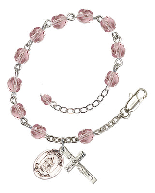 Silver-Plated 6mm Fire-Polished Saint Maron Rosary Bracelet in Light Amethyst Engraved Catholic Saint Jewelry