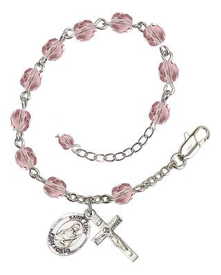 Silver-Plated 6mm Fire-Polished Saint Lucy Rosary Bracelet in Light Amethyst Engraved Catholic Saint Jewelry