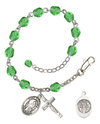 Silver-Plated 6mm Fire-Polished Saint Benedict Rosary Bracelet in Peridot Engraved Catholic Saint Jewelry