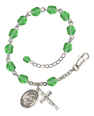 Silver-Plated 6mm Fire-Polished Saint Jason Rosary Bracelet in Peridot Engraved Catholic Saint Jewelry