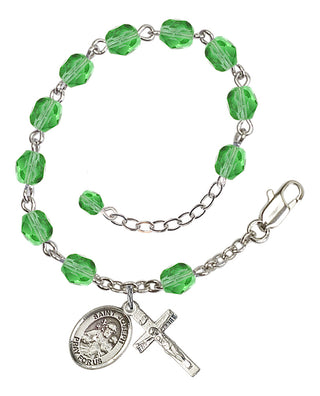 Silver-Plated 6mm Fire-Polished Saint Joseph Rosary Bracelet in Peridot Engraved Catholic Saint Jewelry