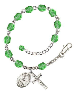 Silver-Plated 6mm Fire-Polished Saint Joshua Rosary Bracelet in Peridot Engraved Catholic Saint Jewelry