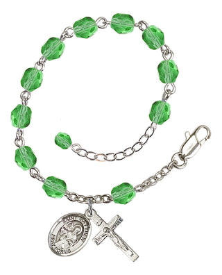 Silver-Plated 6mm Fire-Polished Saint Matthew the Apostle Rosary Bracelet in Peridot Engraved Catholic Saint Jewelry