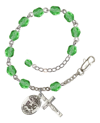 Silver-Plated 6mm Fire-Polished Saint Michael the Archangel Rosary Bracelet in Peridot Engraved Catholic Saint Jewelry