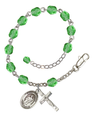 Silver-Plated 6mm Fire-Polished Saint Patrick Rosary Bracelet in Peridot Engraved Catholic Saint Jewelry