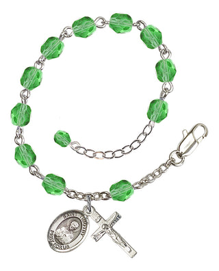 Silver-Plated 6mm Fire-Polished Saint Timothy Rosary Bracelet in Peridot Engraved Catholic Saint Jewelry