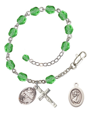 Adjustable Silver Plated 6mm Fire Polished Saint Christopher/Volleyball Rosary Bracelet in Peridot