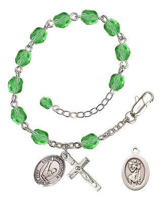 Adjustable Silver Plated 6mm Fire Polished Saint Christopher/Gymnastics Rosary Bracelet in Peridot