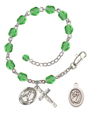 Adjustable Silver Plated 6mm Fire Polished Saint Christopher/Baseball Rosary Bracelet in Peridot