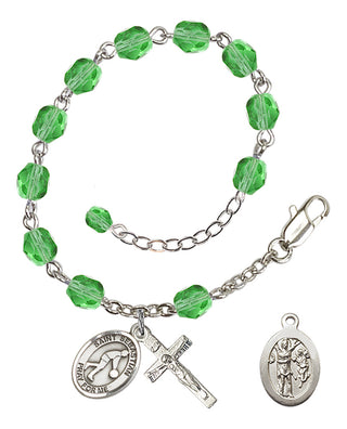 Adjustable Silver Plated 6mm Fire Polished Saint Sebastian/Basketball Rosary Bracelet in Peridot