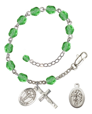 Adjustable Silver Plated 6mm Fire Polished Saint Sebastian/Cheerleading Rosary Bracelet in Peridot