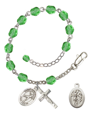 Adjustable Silver Plated 6mm Fire Polished Saint Sebastian/Figure Skating Rosary Bracelet in Peridot
